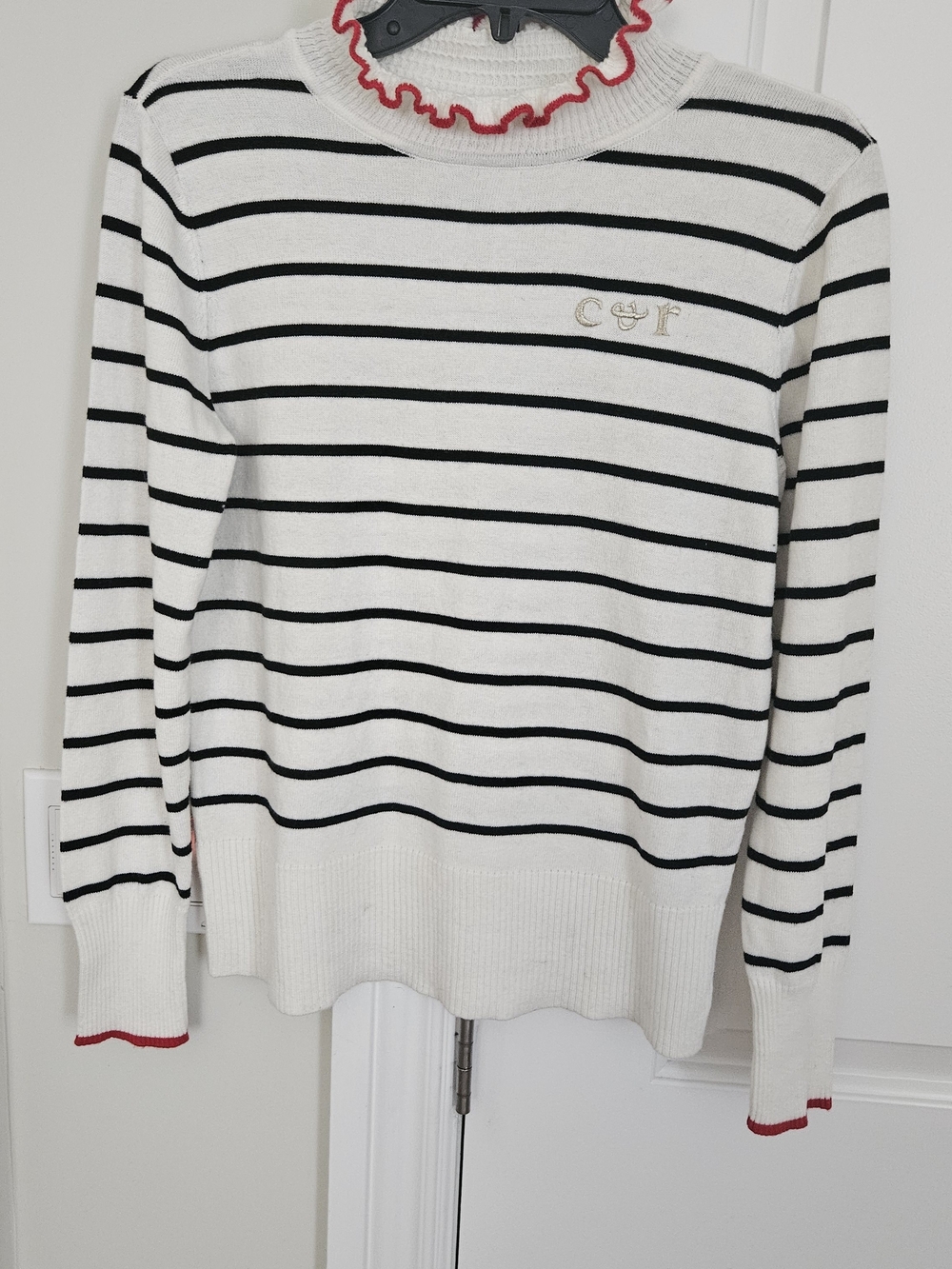 Striped Crewneck Sweater with Red Ruffle Trim